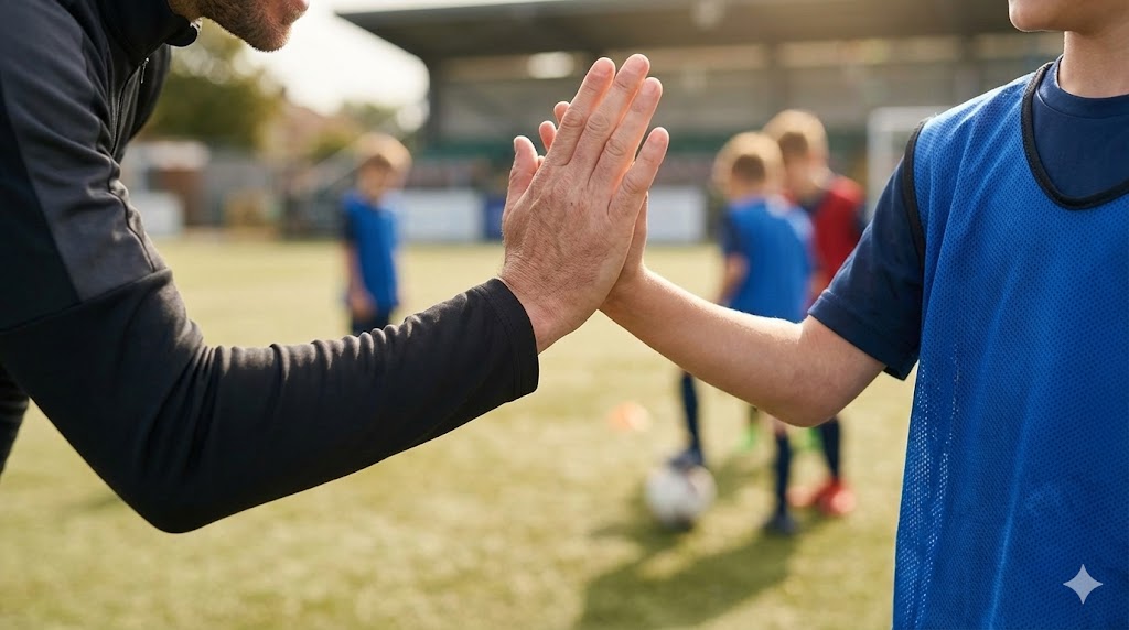 コーチと笑顔で話す子供